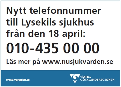 Nytt telefonnummer till Lysekils sjukhus från 18 april: 010-435 00 00
